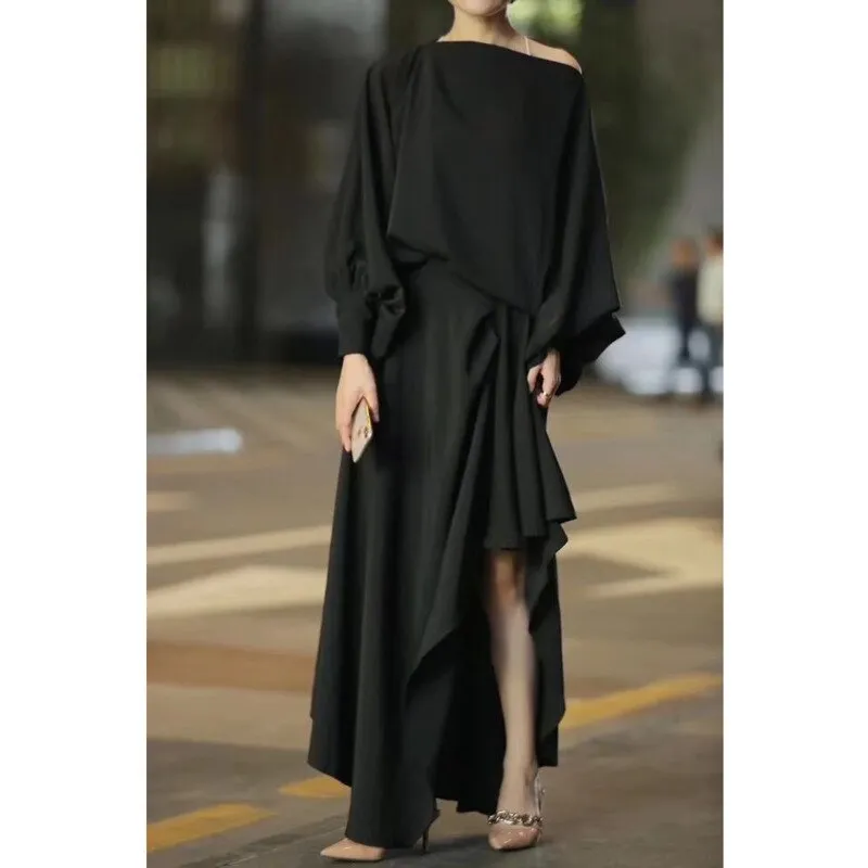 Asymmetrical Slash Neck Lantern Sleeve Maxi Dress