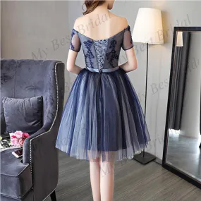 Attractive A-line Tulle Dark Blue Sleeveless  Short Homecoming Dress With Beading ,BDY0163