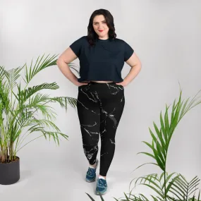 Black Marble Plus Size Leggings, Premium Women's Long Yoga Tights-Made in USA/EU