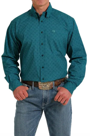 Cinch Men's Long Sleeve Button Down - Teal Print