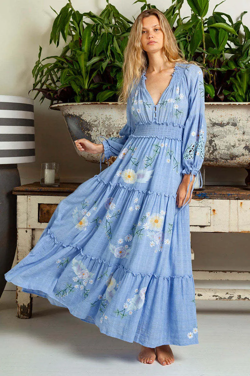 Floral Embroidered V-Neck Long Sleeve Maxi Dress