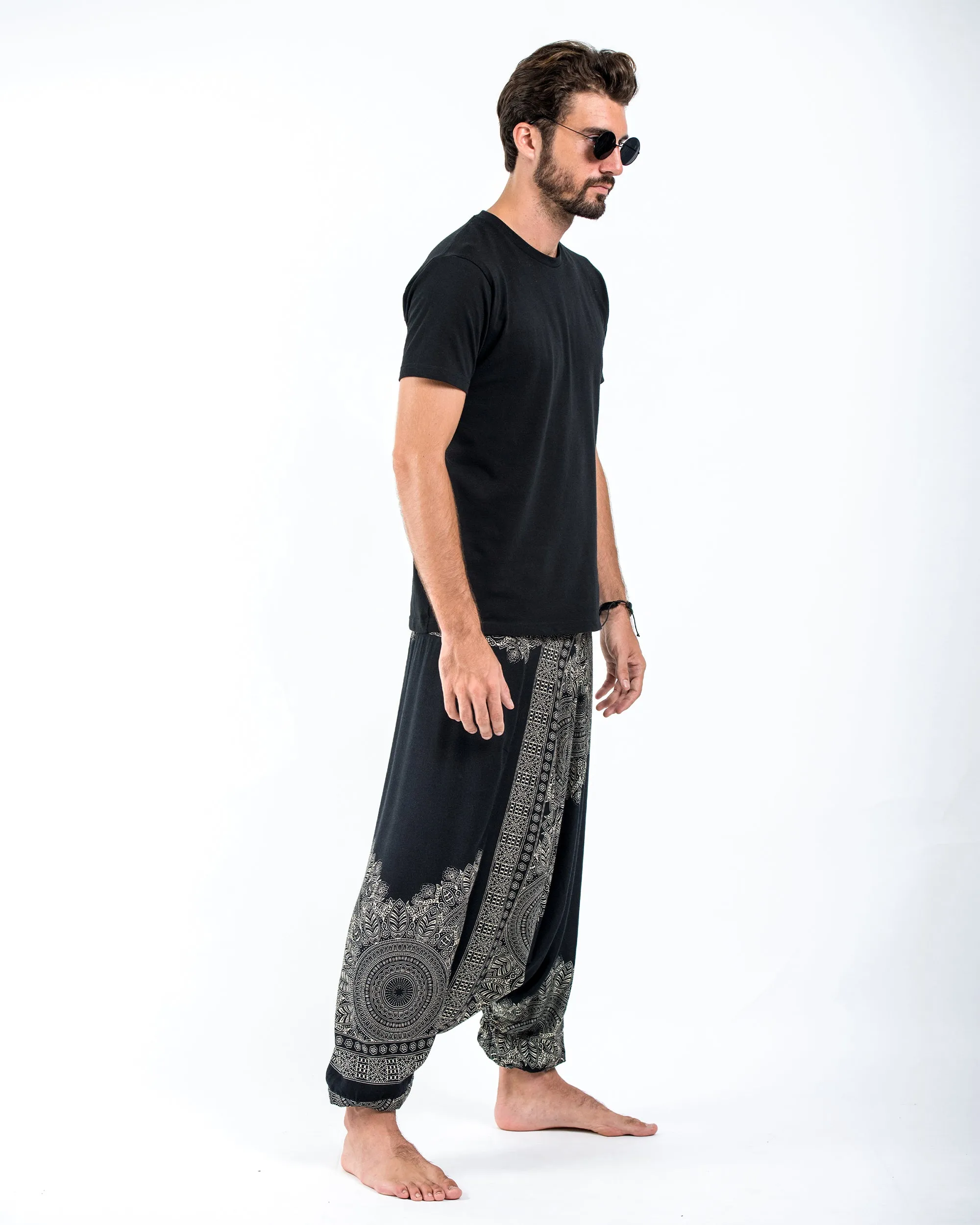 Floral Mandalas Drop Crotch Men's Harem Pants in Black