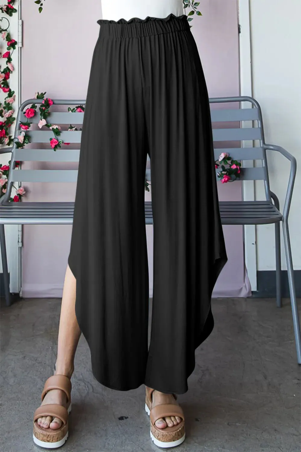 Full Size Frill Slit High Waist Wide Leg Pants