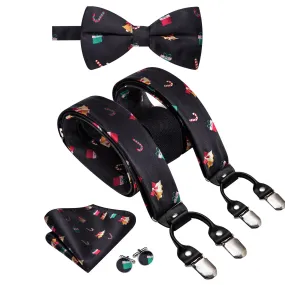 Hi-Tie Black Christmas Novelty Suspender Bowtie Hanky Cufflinks Set