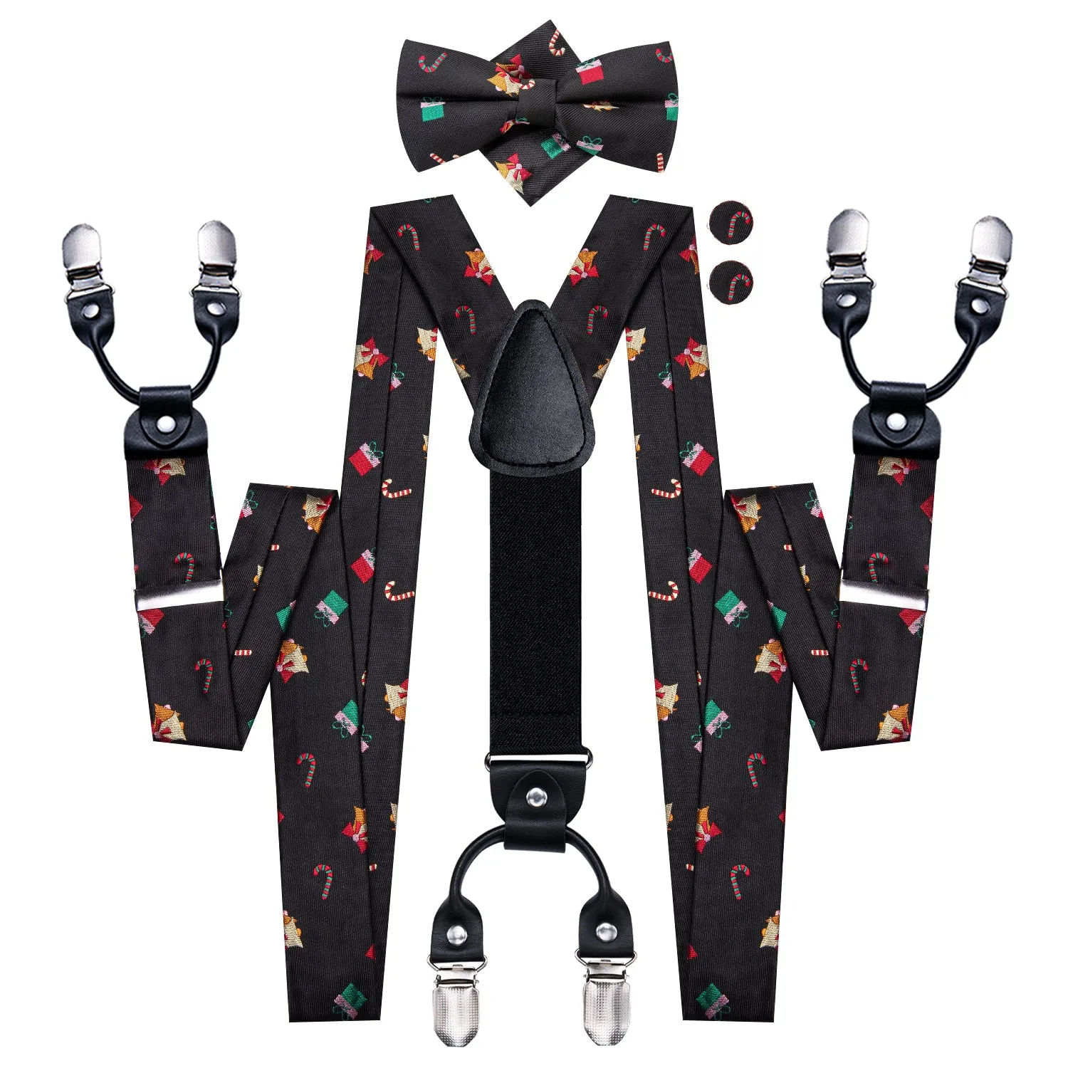 Hi-Tie Black Christmas Novelty Suspender Bowtie Hanky Cufflinks Set