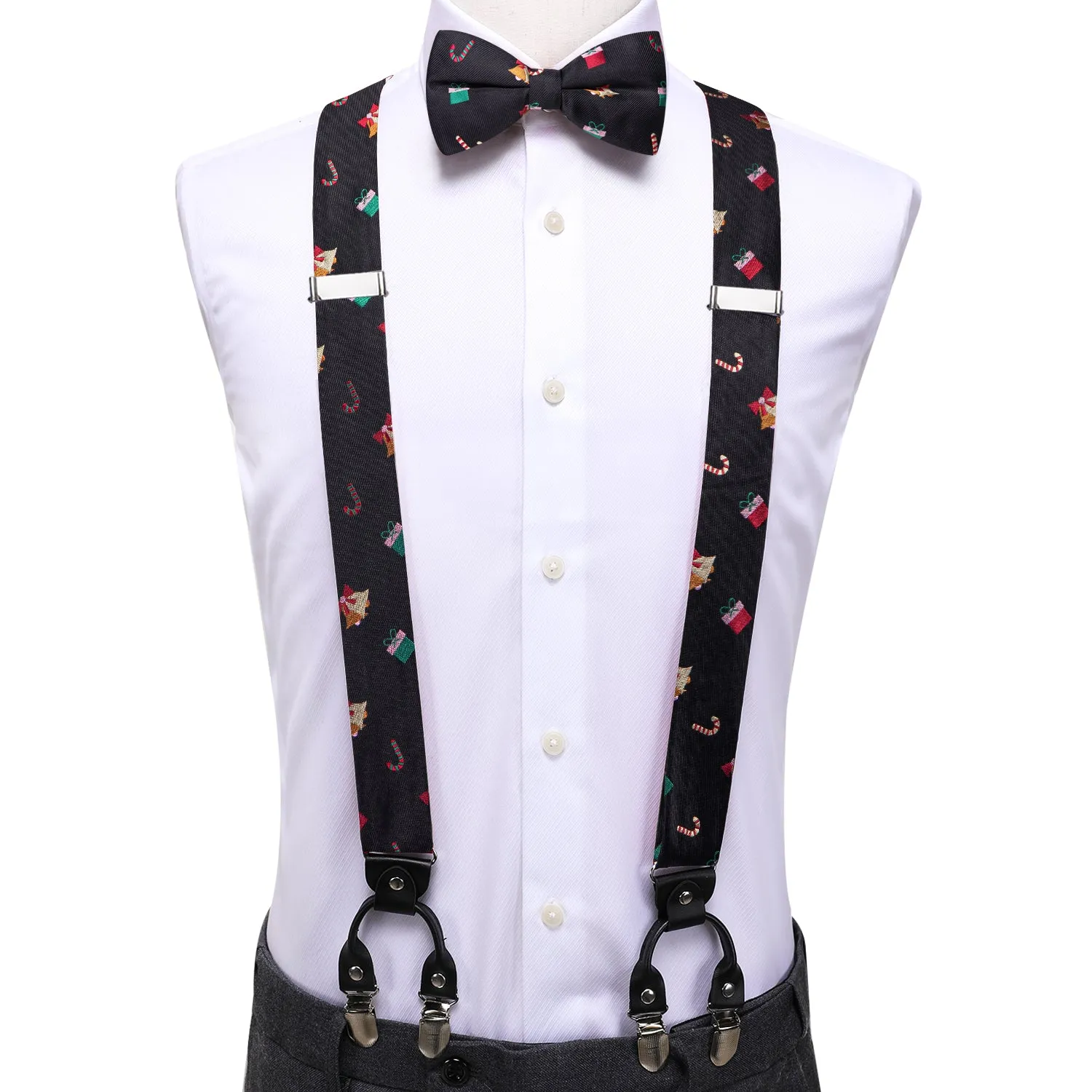 Hi-Tie Black Christmas Novelty Suspender Bowtie Hanky Cufflinks Set