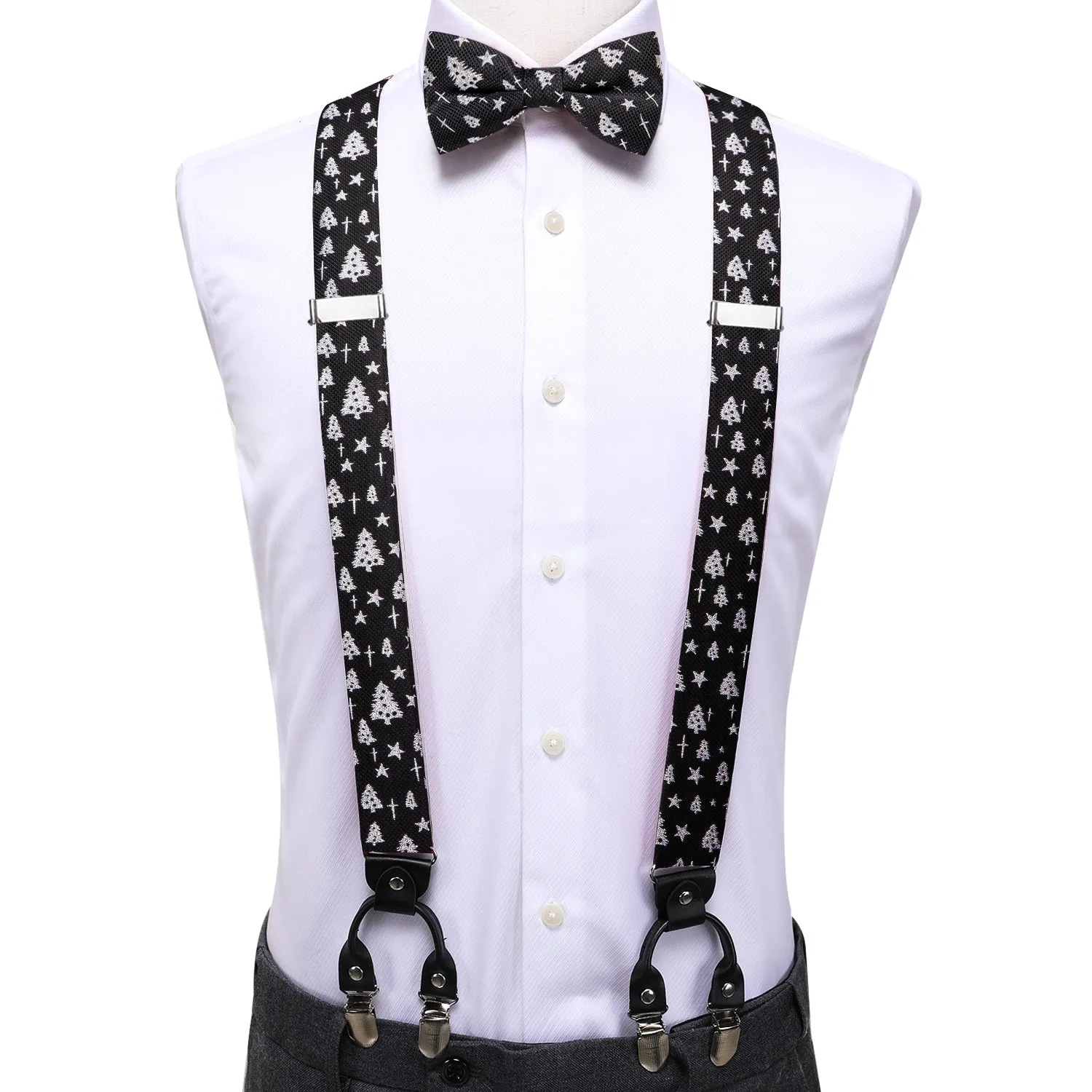 Hi-Tie Black White Christmas Tree Suspender Bowtie Hanky Cufflinks Set