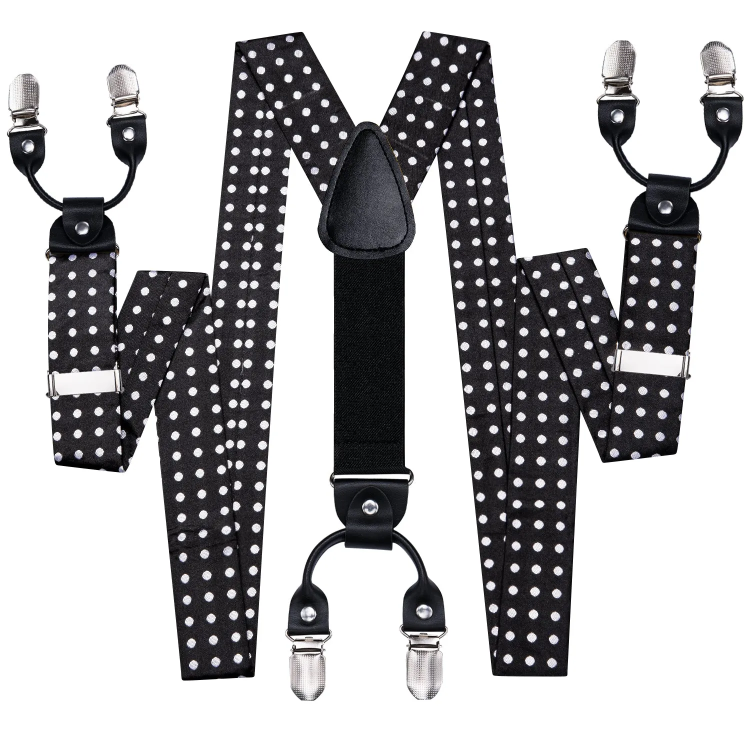 Hi-Tie Black White Dot Men's Suspender Bowtie Pocket Square Cufflinks Set