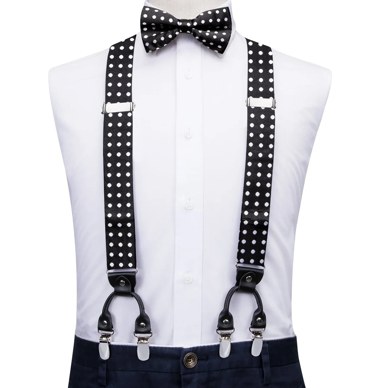 Hi-Tie Black White Dot Men's Suspender Bowtie Pocket Square Cufflinks Set