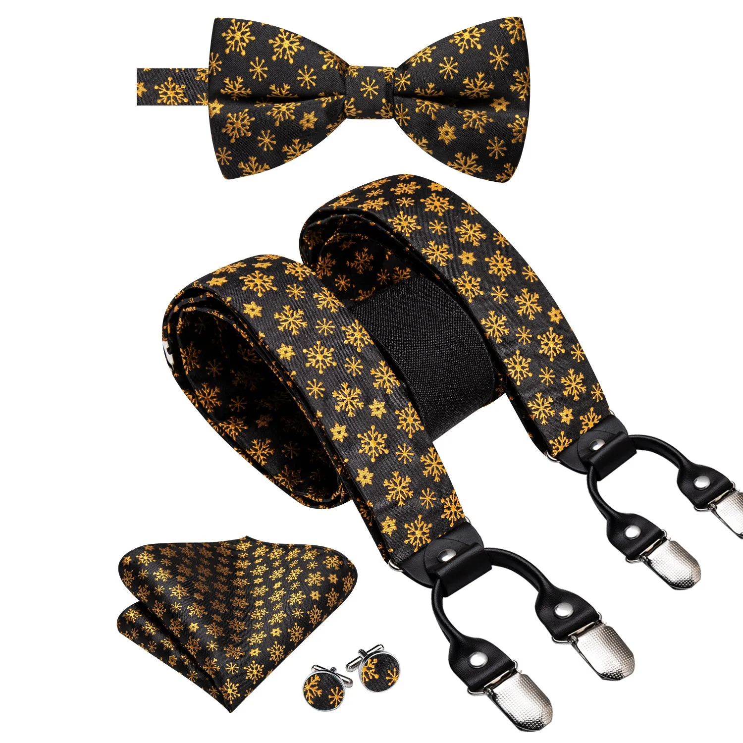 Hi-Tie Golden Plaid Mens Suspender Bowtie Hanky Cufflinks Set