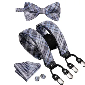 Hi-Tie Grey Blue Plaid Suspender Mens Silk Bow Tie Hanky Cufflinks Set