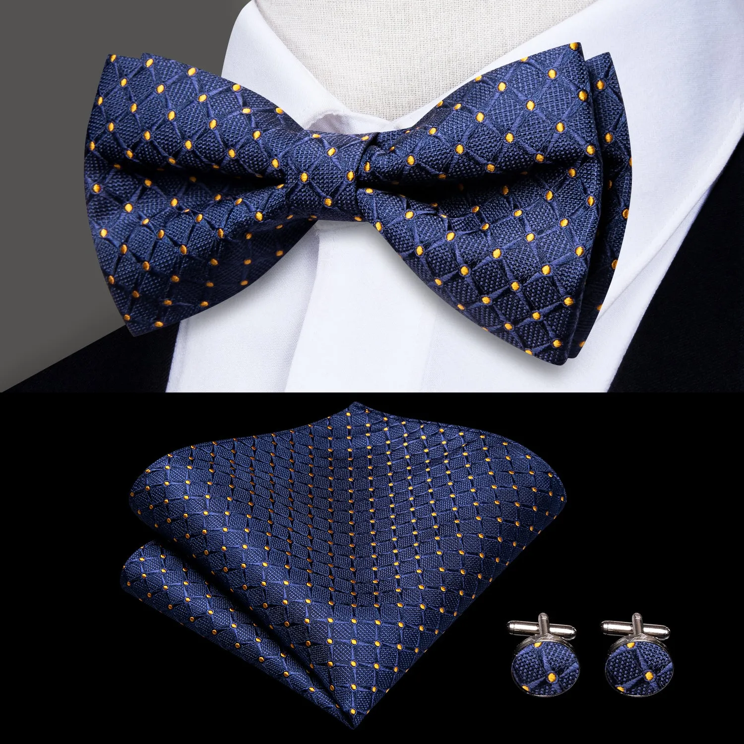 Hi-Tie Navy Blue Yellow Dot Men's Suspender Bowtie Pocket Square Cufflinks Set