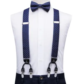 Hi-Tie Navy Blue Yellow Dot Men's Suspender Bowtie Pocket Square Cufflinks Set