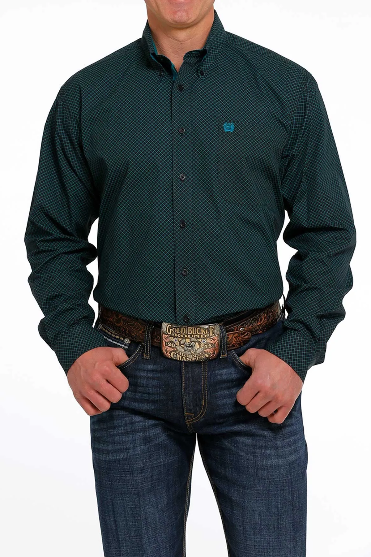 Men's Cinch Black & Teal Print Long Sleeve Button Down