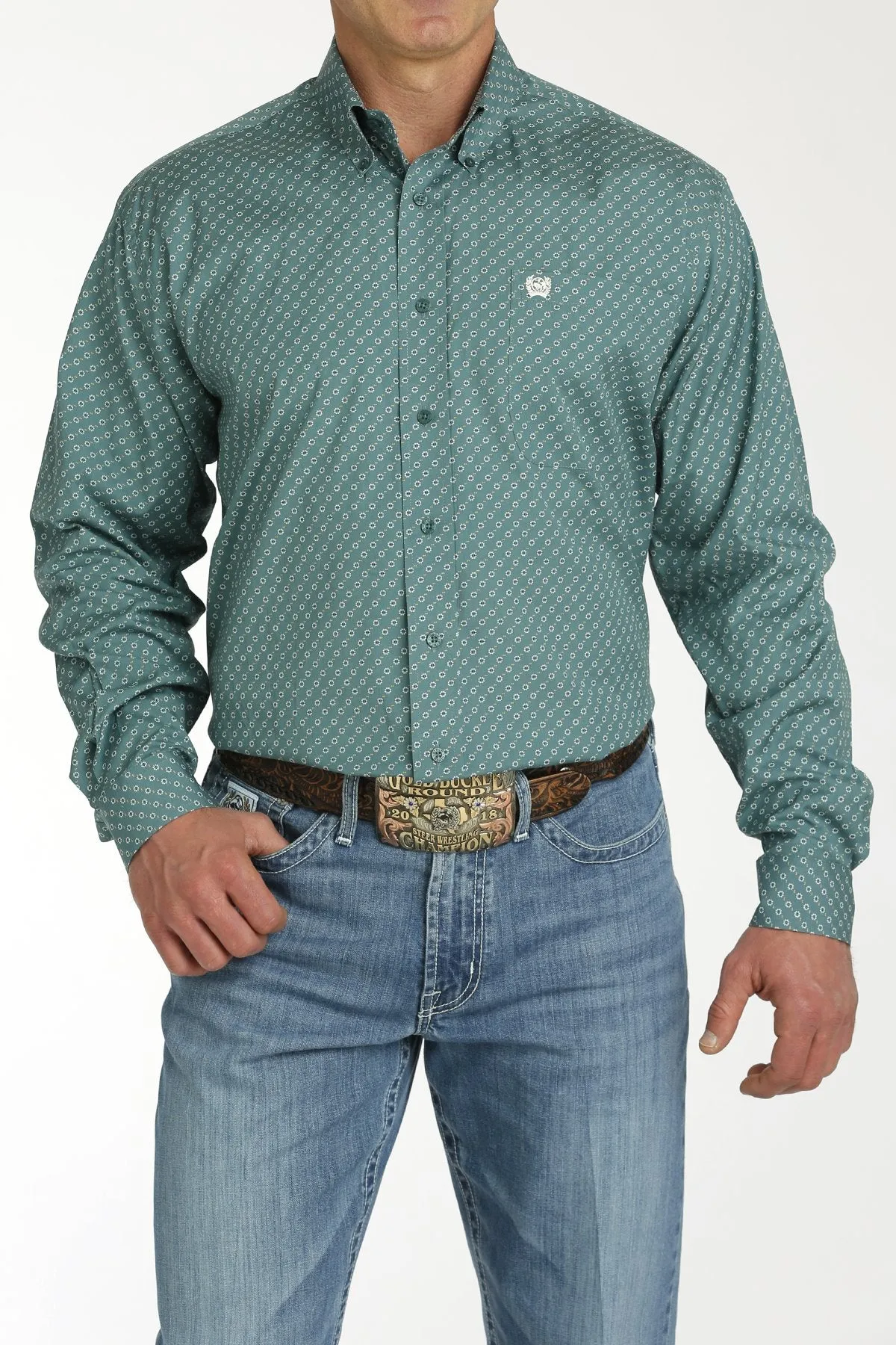 Men's Cinch Green Multi Print Long Sleeve Button Down Shirt