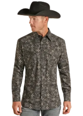 Men's Rock & Roll Bandana Print Flex Long Sleeve Shirt