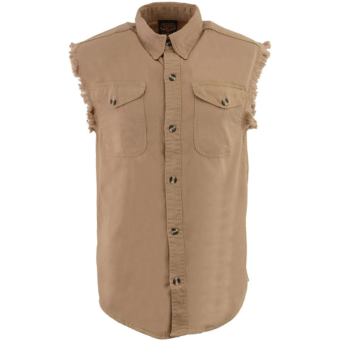 Milwaukee Leather DM4005 Men's Beige Lightweight Denim Shirt with Frayed Cut Off Sleeveless