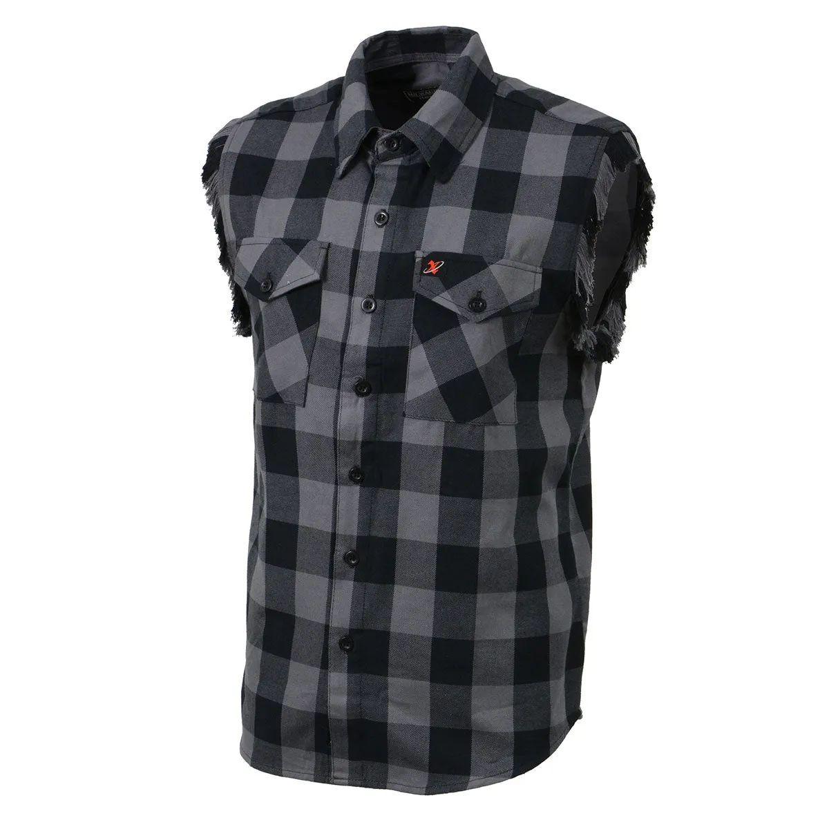 Milwaukee Leather MNG11689 Men’s Classic Black and Grey Button-Down Flannel Cut Off Frayed Sleeveless Casual Shirt