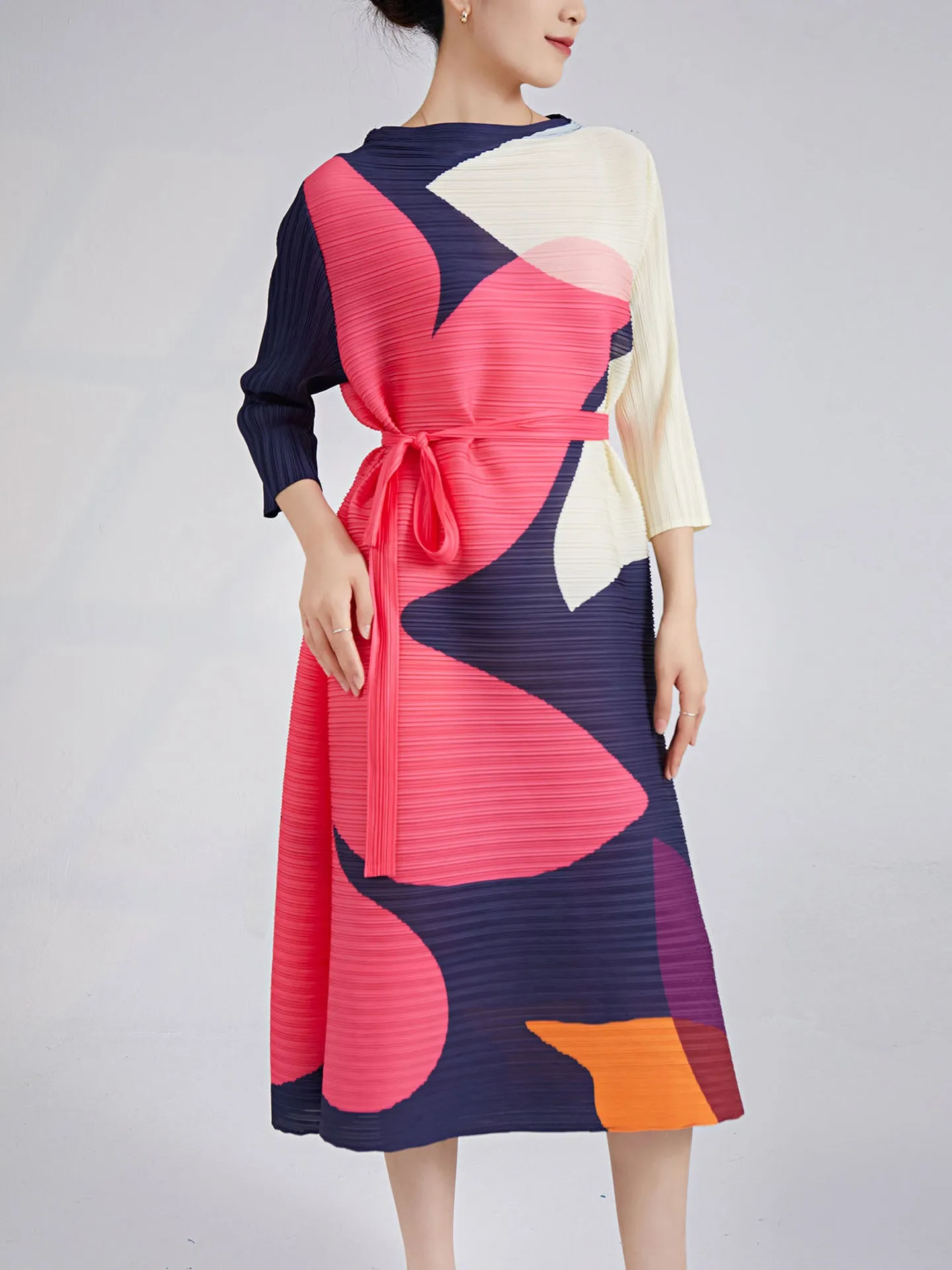 Miyake Pleated Contrast Print Belted Midi Dress