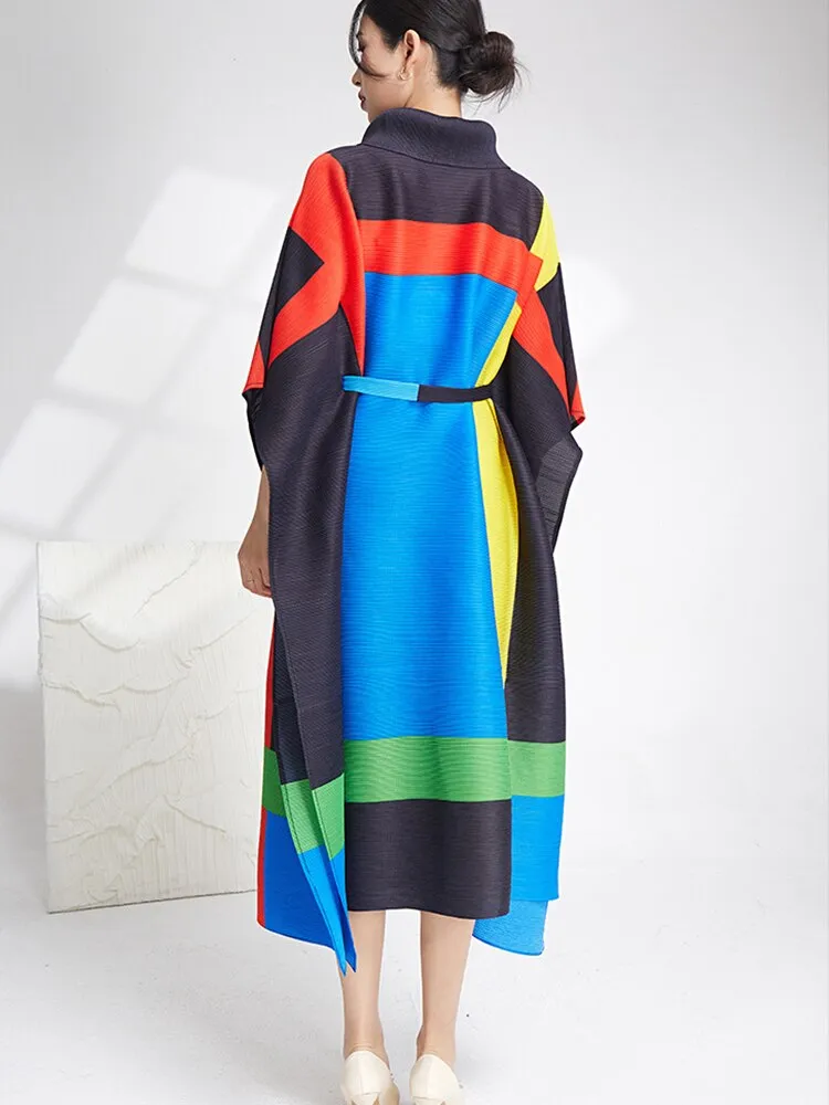 Miyake Pleated Contrast Turtleneck Midi Dress