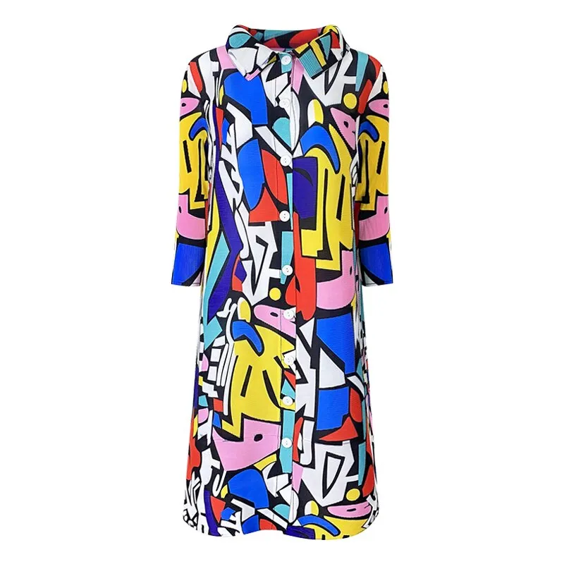 Miyake Pleated Geometric Print Midi Dress