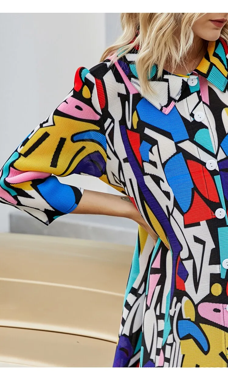 Miyake Pleated Geometric Print Midi Dress