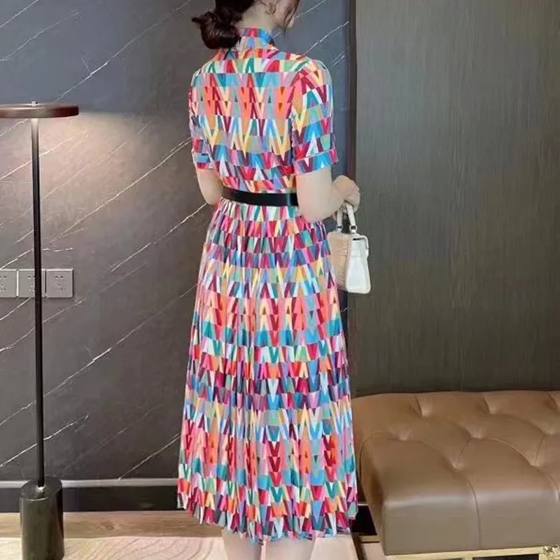 Multicolor Printed Short Sleeve A-Line Midi Dress