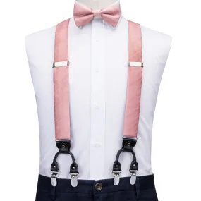 Pink Solid Suspender Bowtie Pocket Square Cufflinks Set