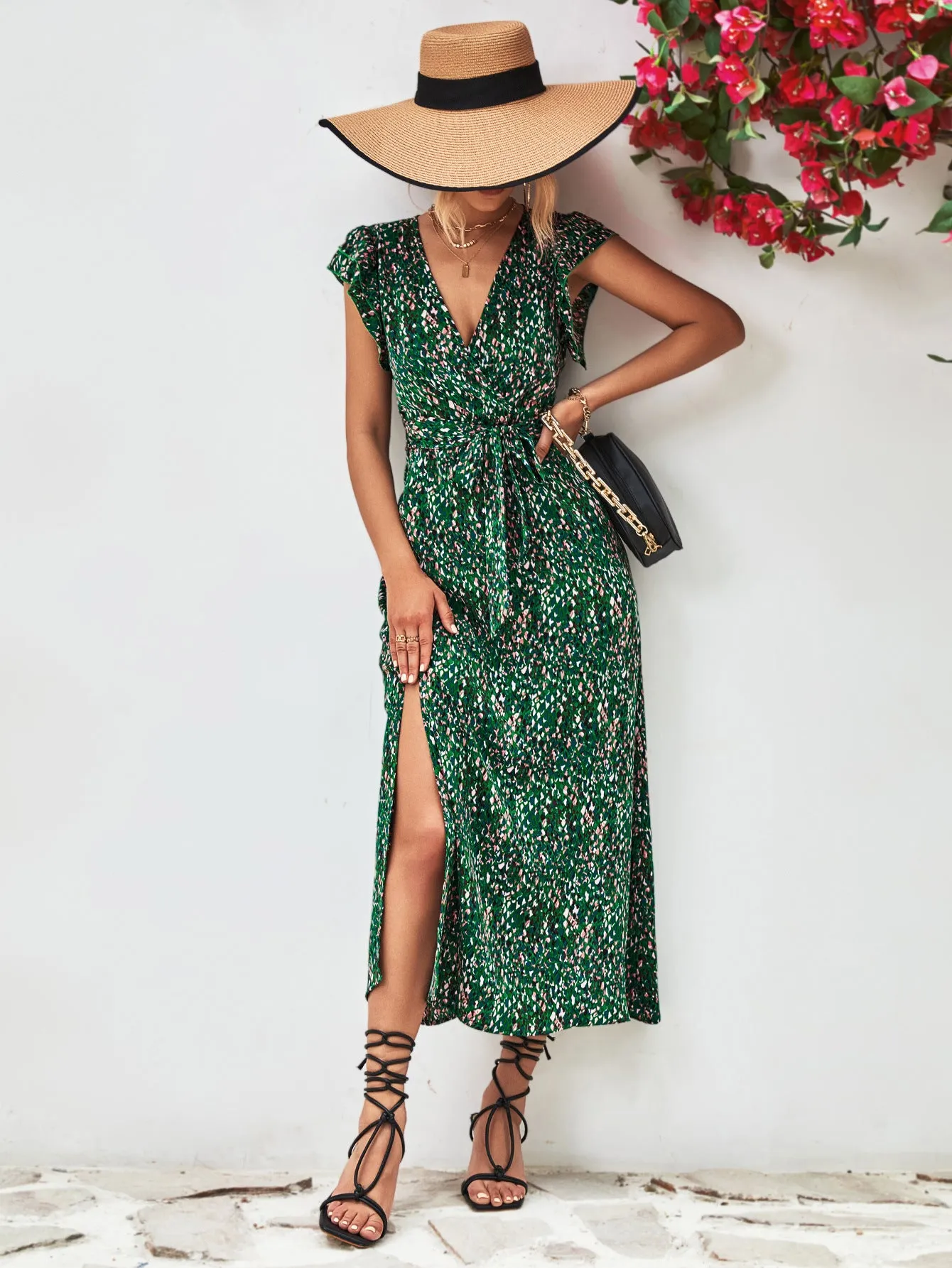 Printed Surplice Neck Flutter Sleeve Slit Dress