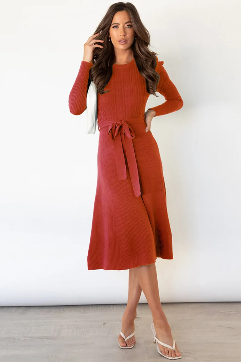 Round Neck Long Sleeve Tie Waist Sweater Dress