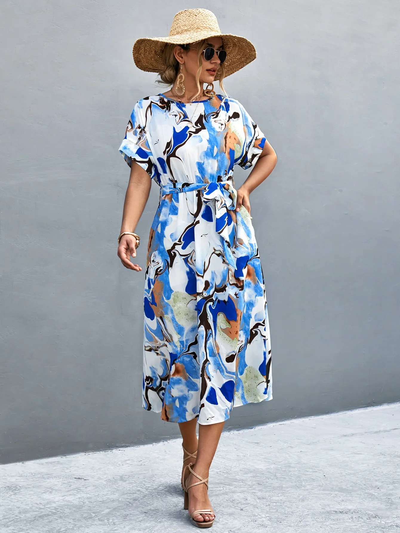 Round Neck Short Sleeve Tie Waist Midi Dress