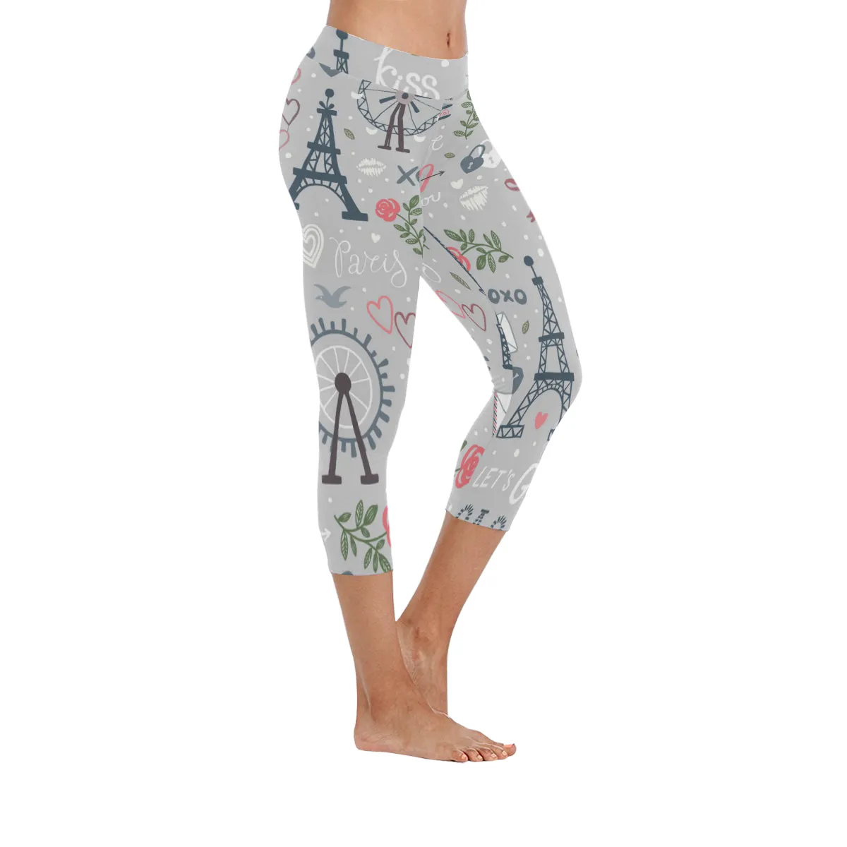 Seamless Wheel and Eiffel Tower Women's Low Rise Capri Leggings (Invisible Stitch)