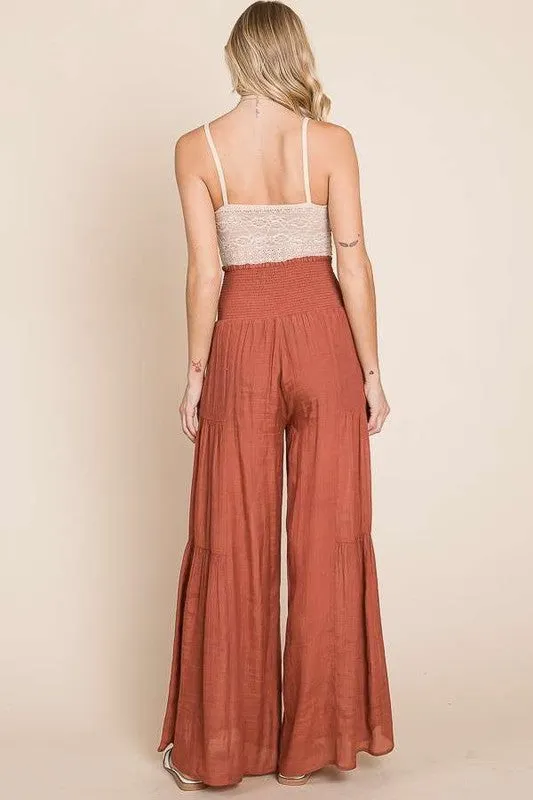 Tie front ruched waist back pants