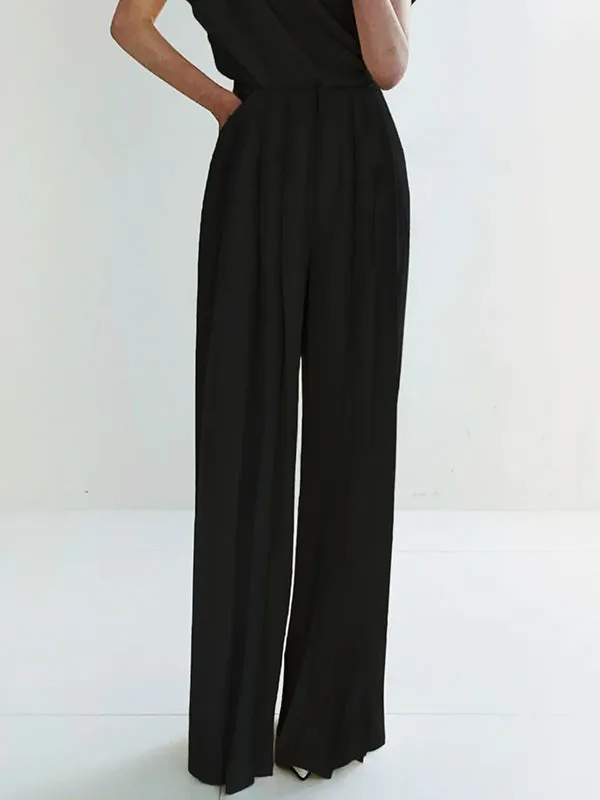 Urban Solid Color Pleats High Waisted Wide Leg Pants