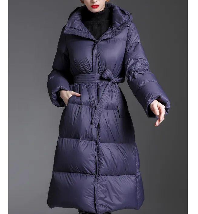 Waist Belt Long Puffer Coat Hooded Women Loose Jacket Women Down Coat 65237