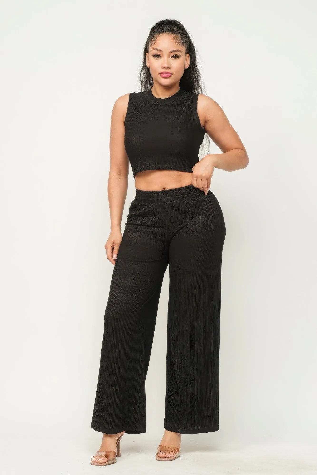 Women's Crop Top And Wide Pants Outfit Set